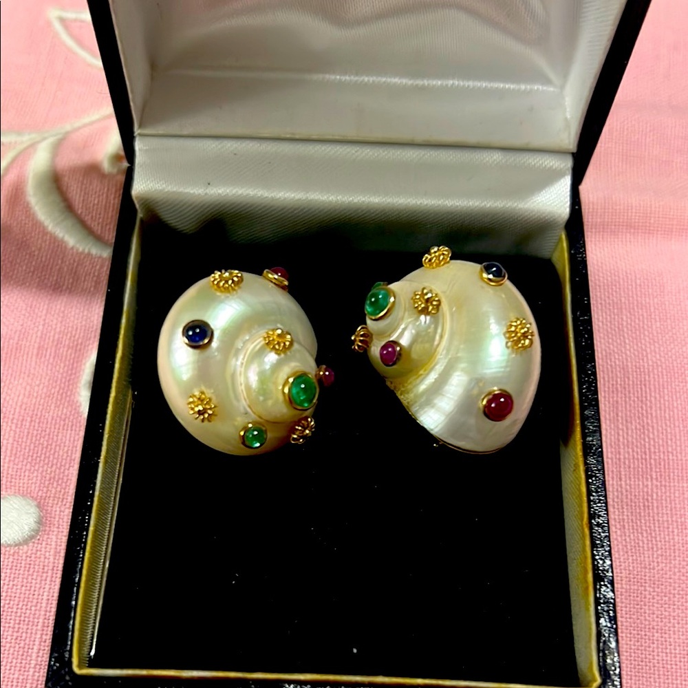 Maz 14k earrings, turbo shells with rubies, sapphires, emeralds and Gold.